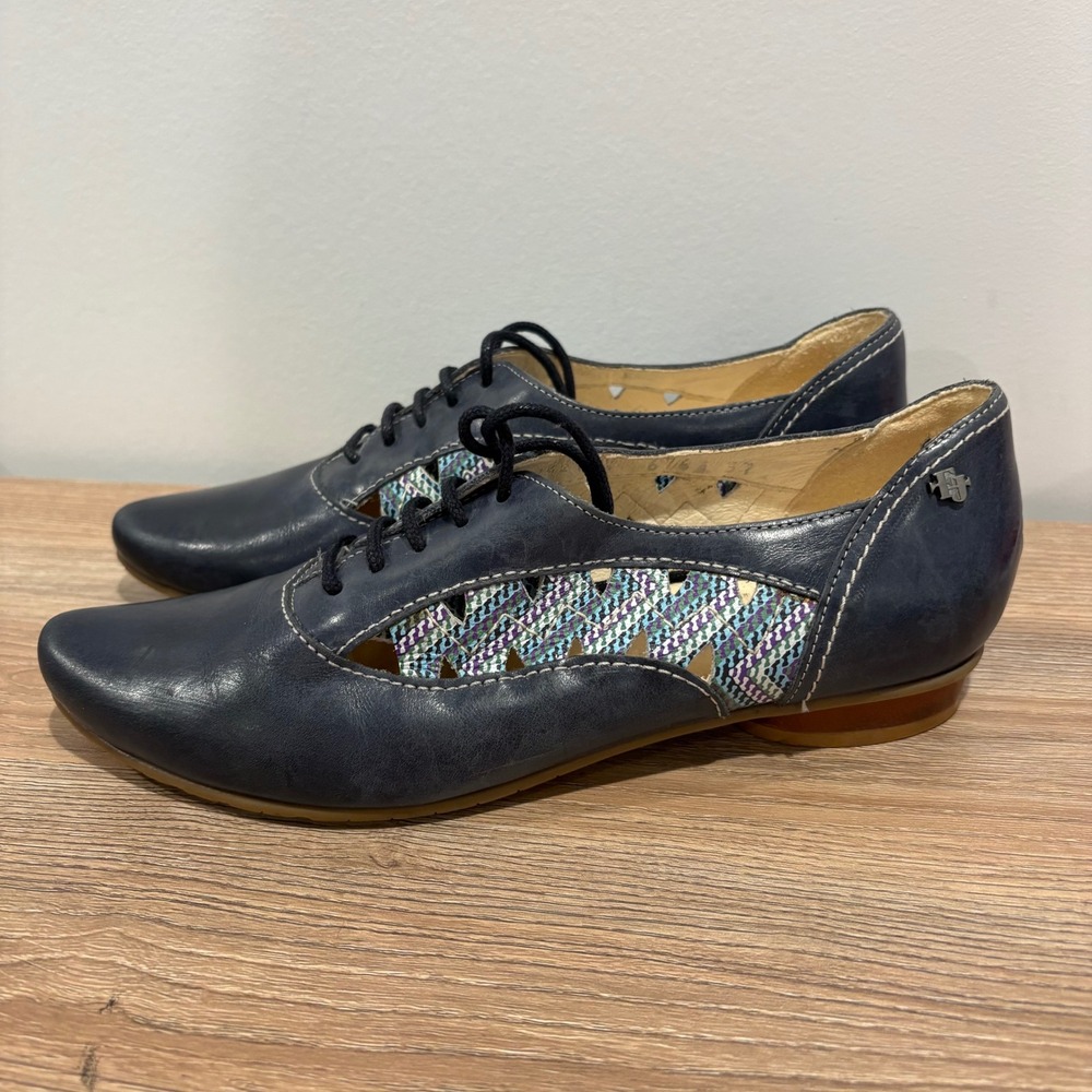Fidji Leather Oxford Shoes Womens Blue Size 37 Cut Out Lace Up Flat